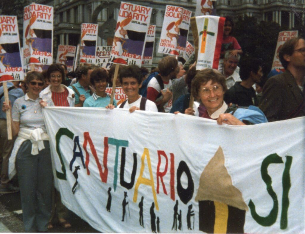 Sanctuary movement march in Washington D.C. September 29, 1986.  In the picture are ASCs Annette Embrich, Kate Reid, Kris Schrader and Anna Marie, CSJ.